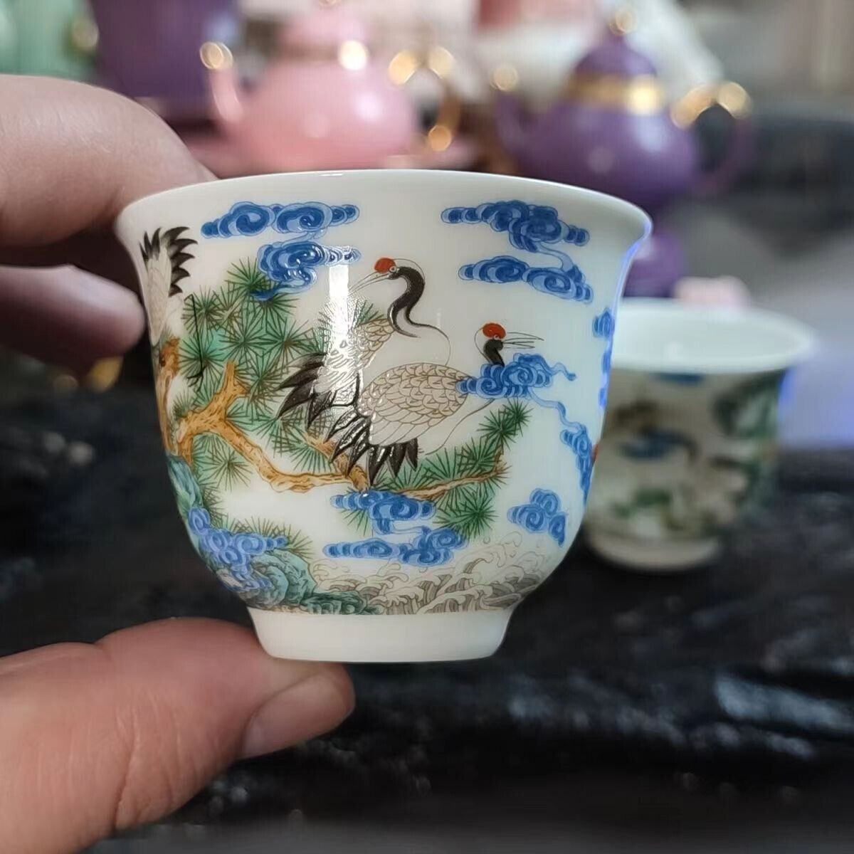 chinese jingdezhen porcelain enamel color tea cup ：crane