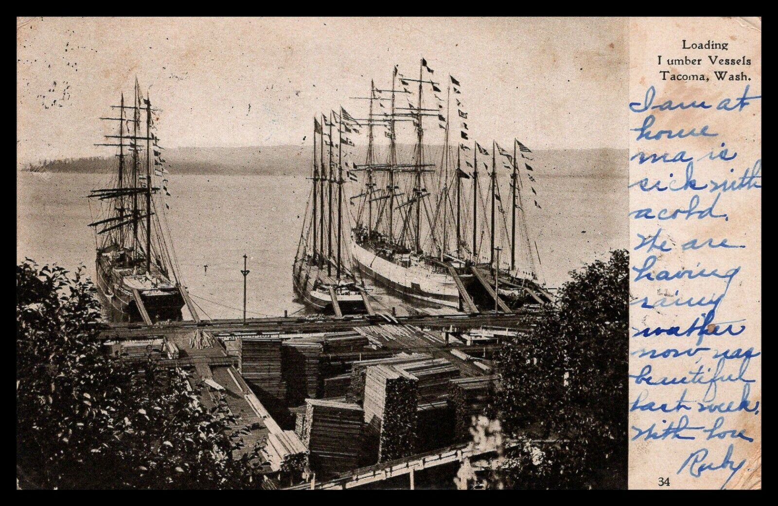 TACOMA WASHINGTON HARBOR, PUGET SOUND, Lumber Vessels, Central News, Tacoma 1906