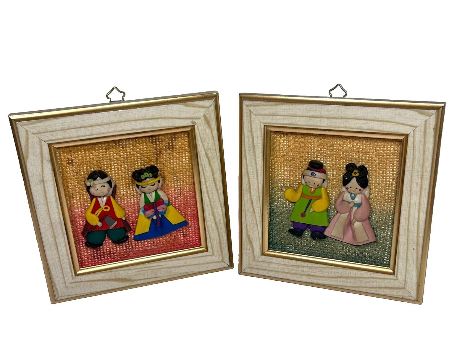 Two Vintage Traditional Korean Hand Made Folk Art Happy Couple Wall Hangings
