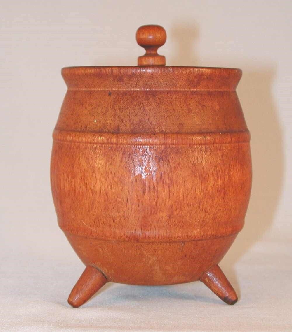 Vintage Hollowed and Turned Wood Barrel Three Feet and Lid with Central Finial