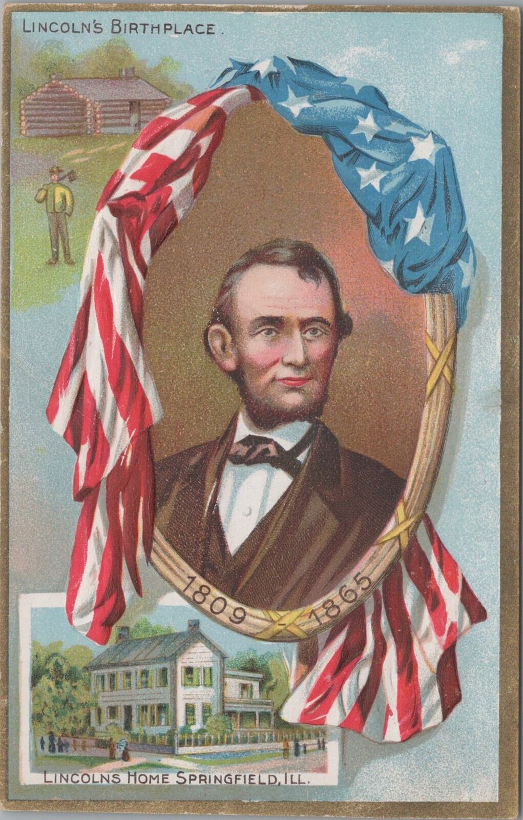 Patriotic Postcard Abraham Lincoln Lincoln\'s Birthplace Springfield IL 