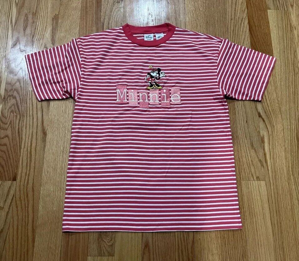 Vintage Embroidered Disney Store Minnie Mouse Pink striped shirt sz large