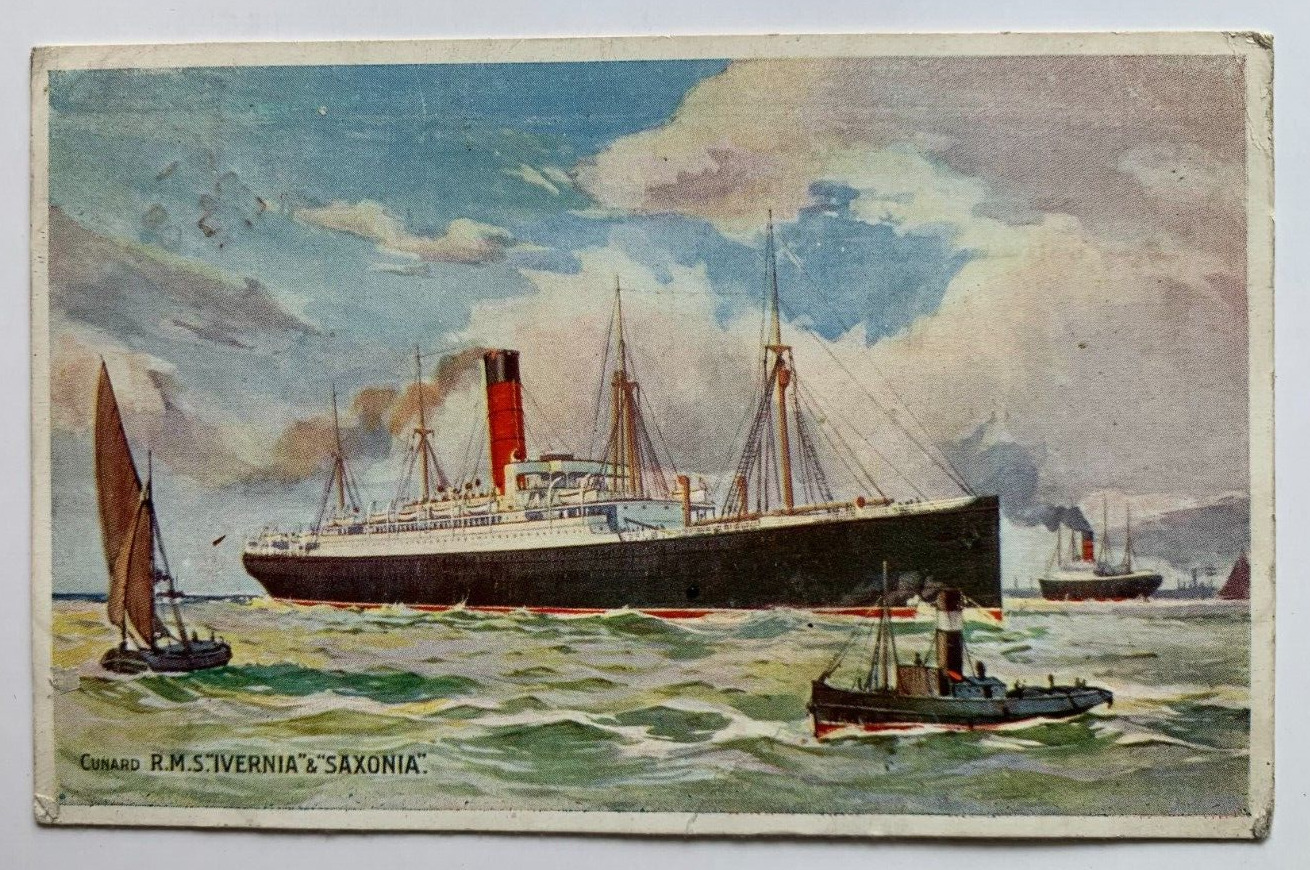 1908 Ship Postcard Cunard Line RMS Ivernia & Saxonia Queenstown Paquebot Cancel