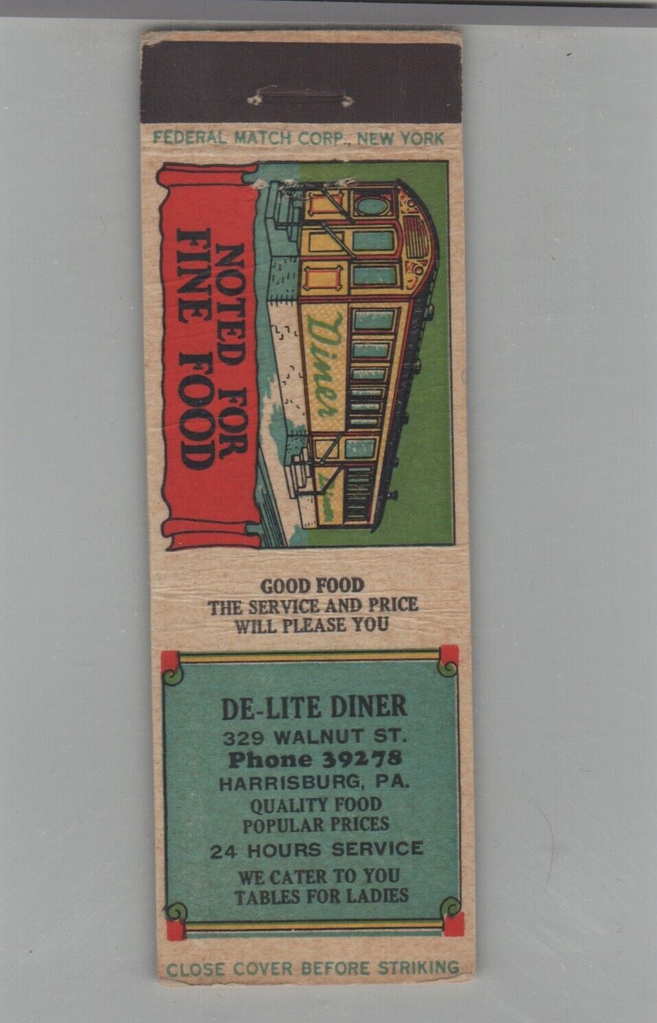 1930s Matchbook Cover Federal Match Co De-Lite Diner Harrisburg, PA  TALL