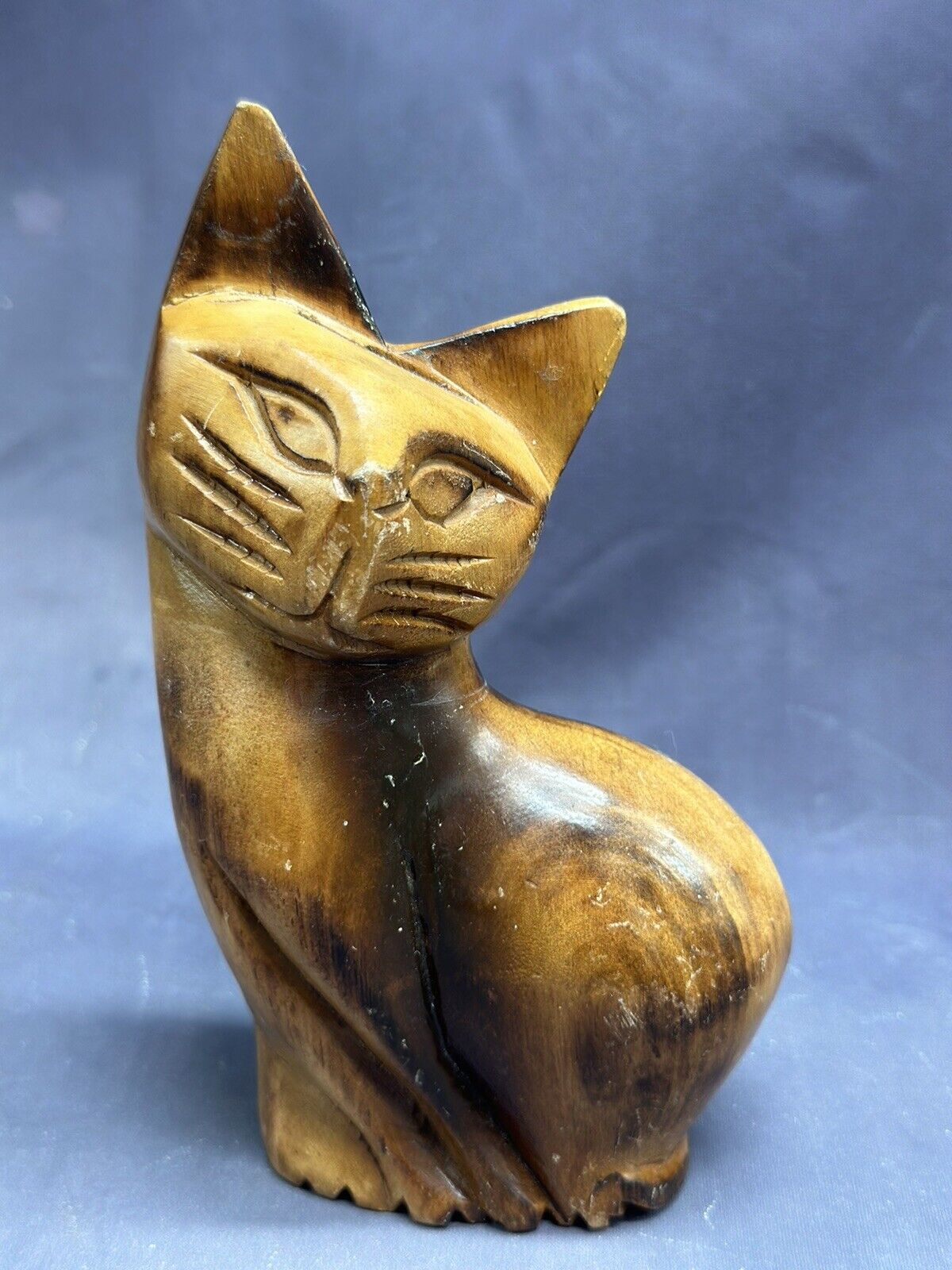 MCM Wooden Sitting Kitty Cat Figurine Vintage Hand Carved Handmade