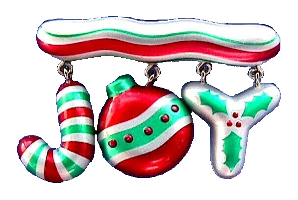 Hallmark PIN Christmas Vintage JOY Dangle CANDY CANE HOLLY Ornaments Brooch