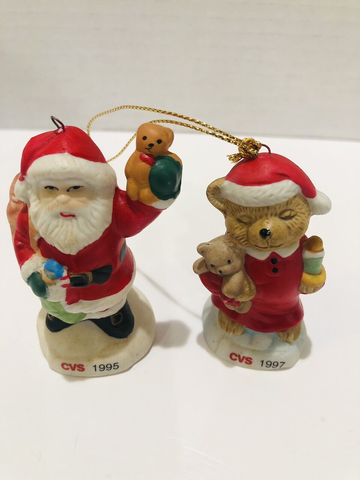 Vintage Porcelain CVS 1995 1997 Christmas Santa and Teddy Bear Ornaments