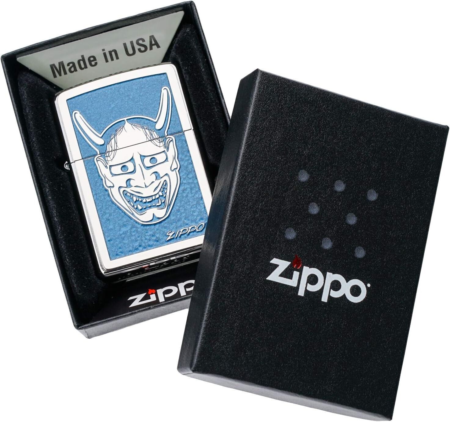 Zippo Noh Mask Wisdom Fox Kitsune Japanese Pattern Silver Blue Lighter Japan