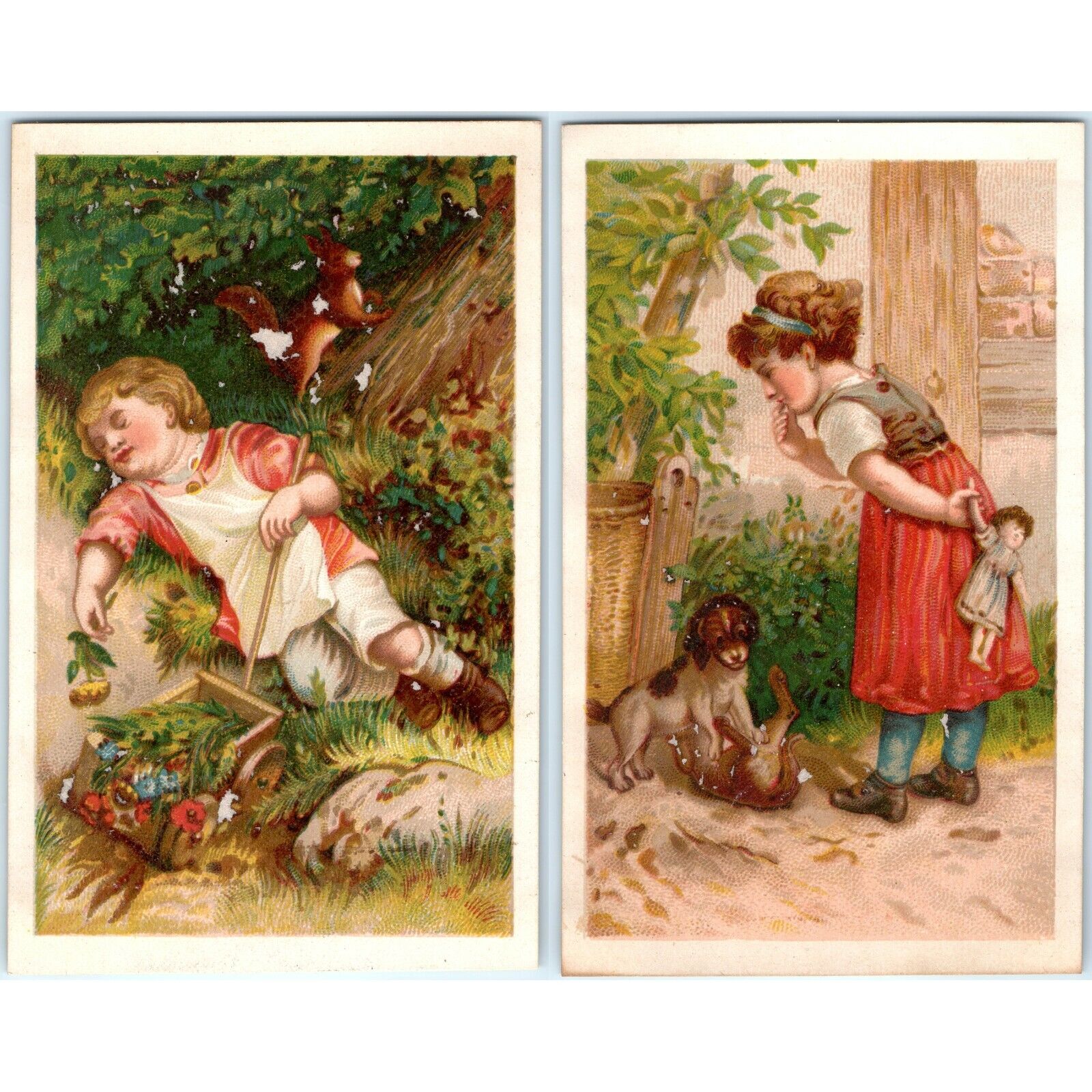 x2 SET c1880s Cute Little Girl Outside Puppies Play Stock Trade Cards Bunny C30