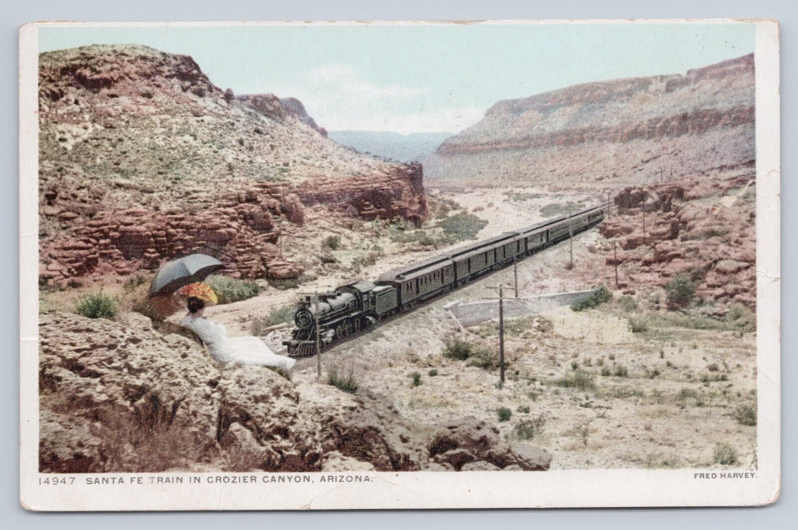 Postcard Santa Fe Train in Crozier Canyon Arizona posted 1912 Woman Umbrella