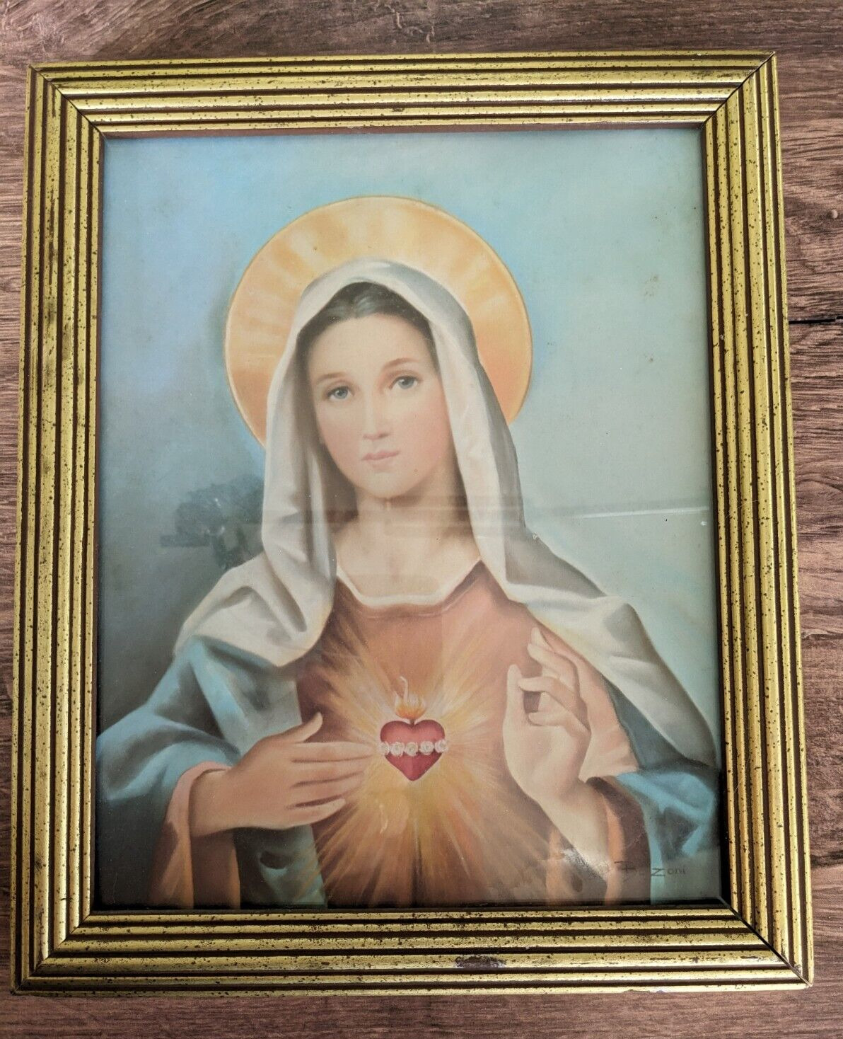 Vintage Immaculate Heart Of Mary Lithograph framed Christian Wall Art