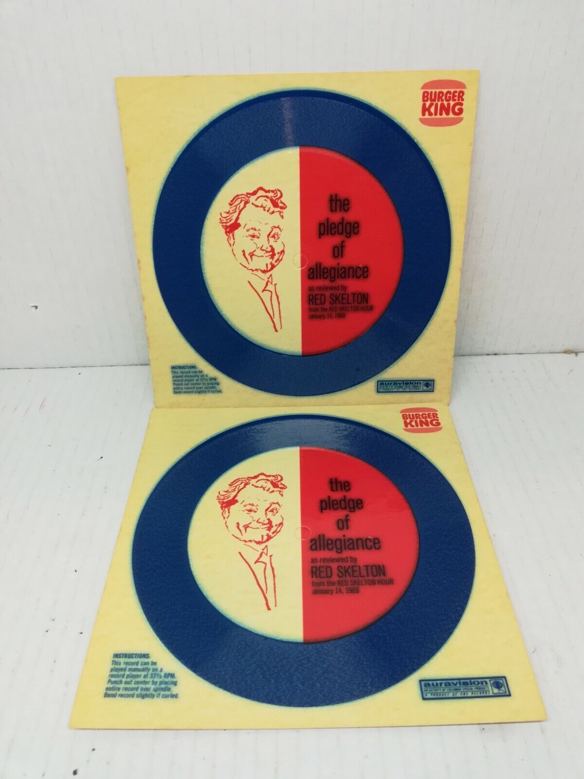 2x 1969 Burger King The Pledge of Allegiance-Red Skelton Cardboard 33 1/3 Record