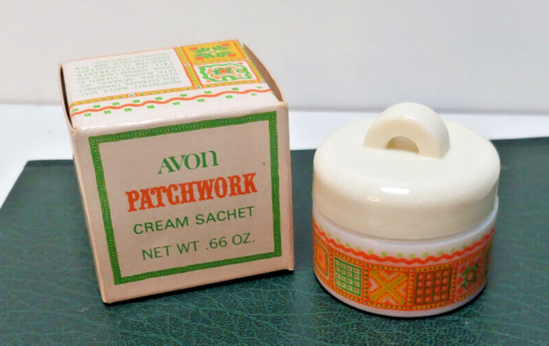 Vintage Avon Patchwork Cream Sachet Sealed in Original Box .66 Oz Milk Glass Jar