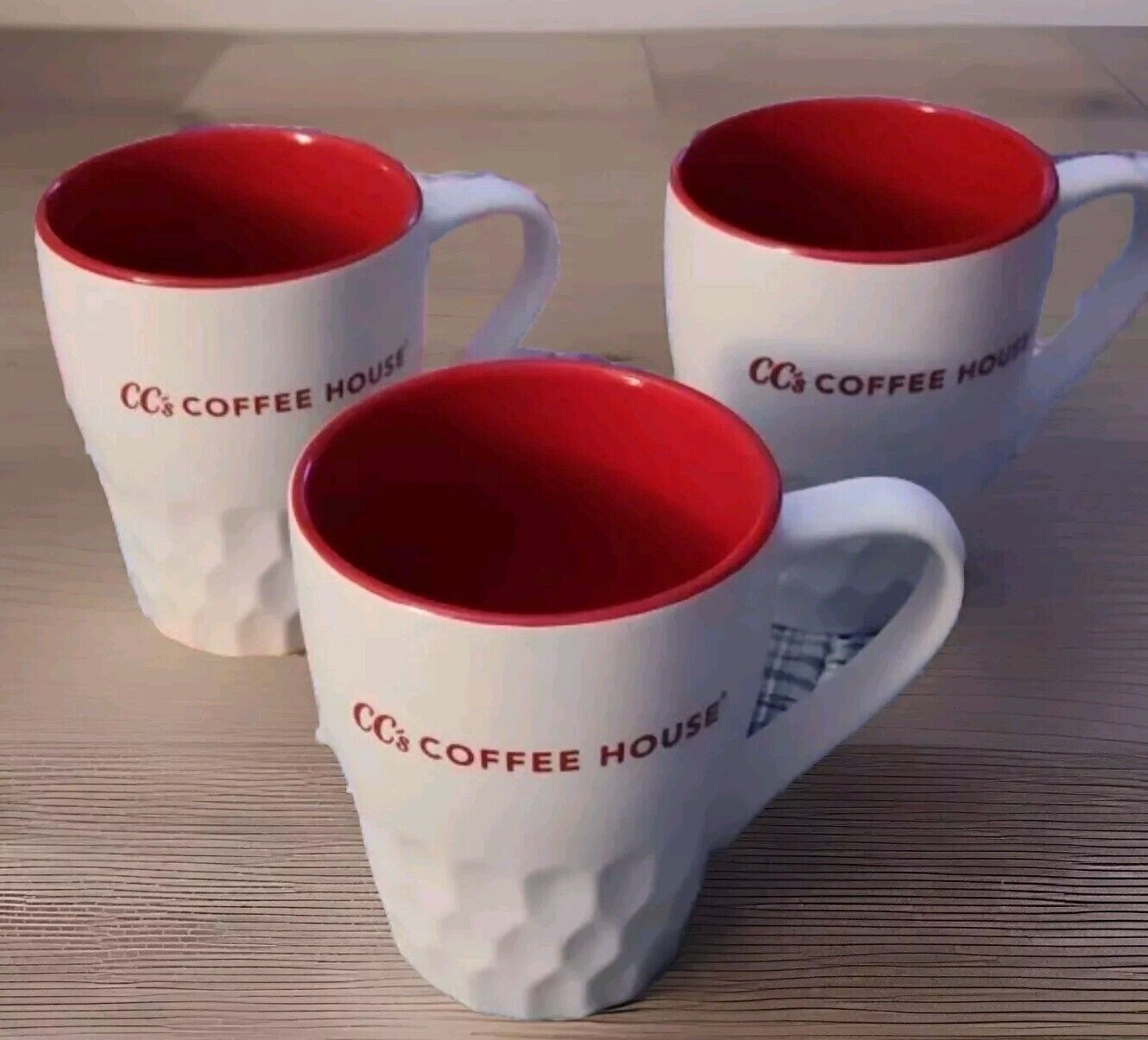Lot Of 3 CC's Coffee/Tea Cora Mugs/ White & Red/ Handles-New