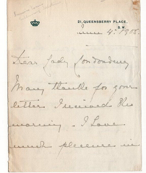 Princess Marie Louise of Schleswig Holstein Signed Letter 1905 / Autographed