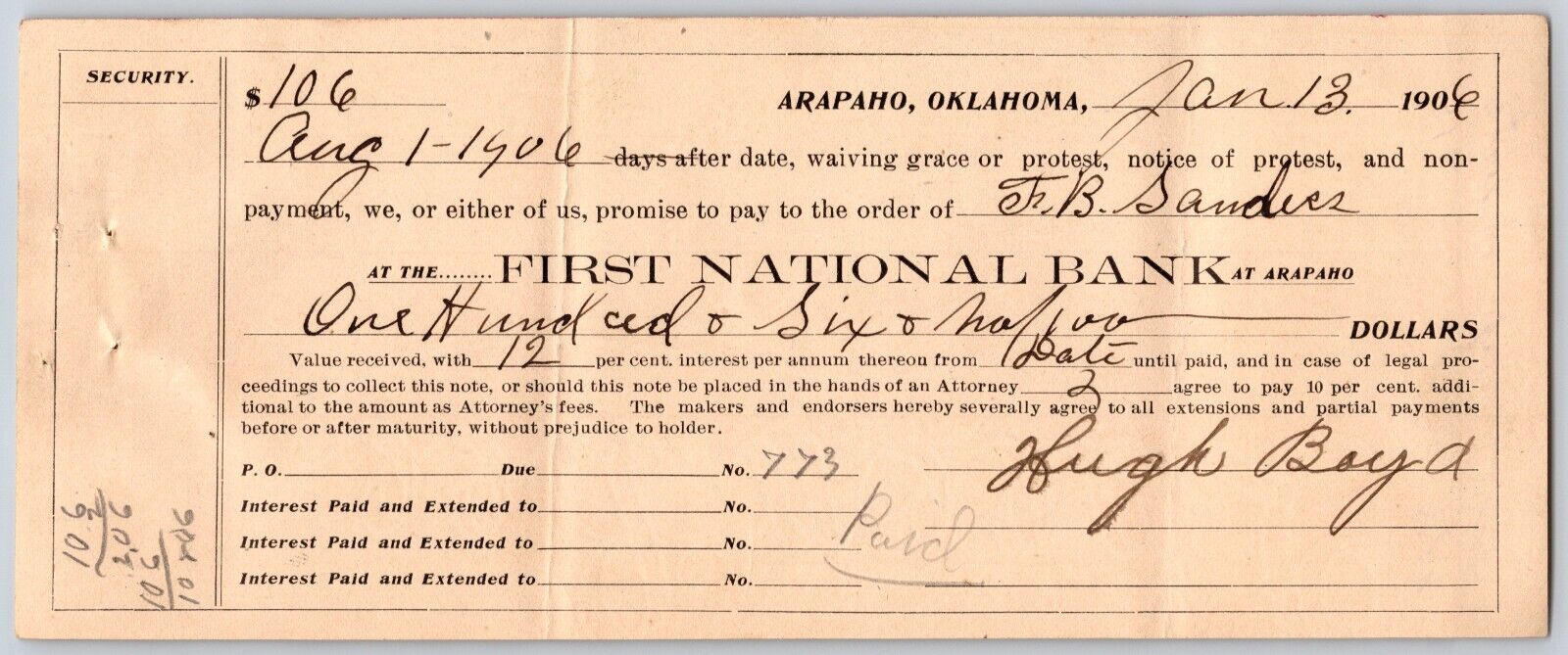 Arapaho, OK 1906 Territorial $106 12% Promissory Note - Scarce