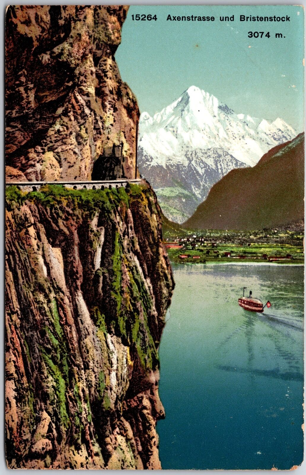 Axenstrasse und Bristenstock Switzerland Tunnel Cliff Ships Mountains Postcard