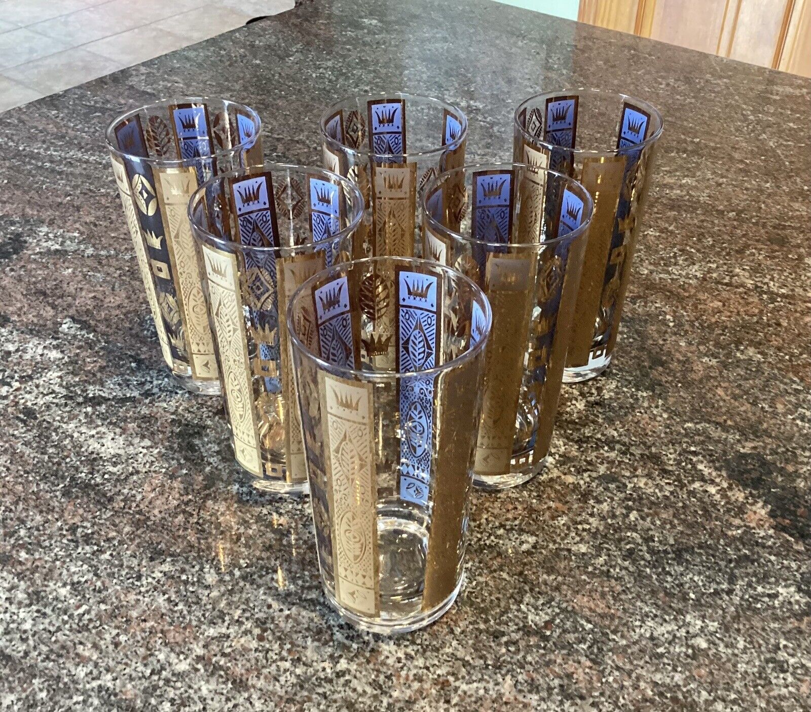 Vtg MCM Georges Briard Gold Crowns and Bars 22K Highball Glasses Set of 6 Signed