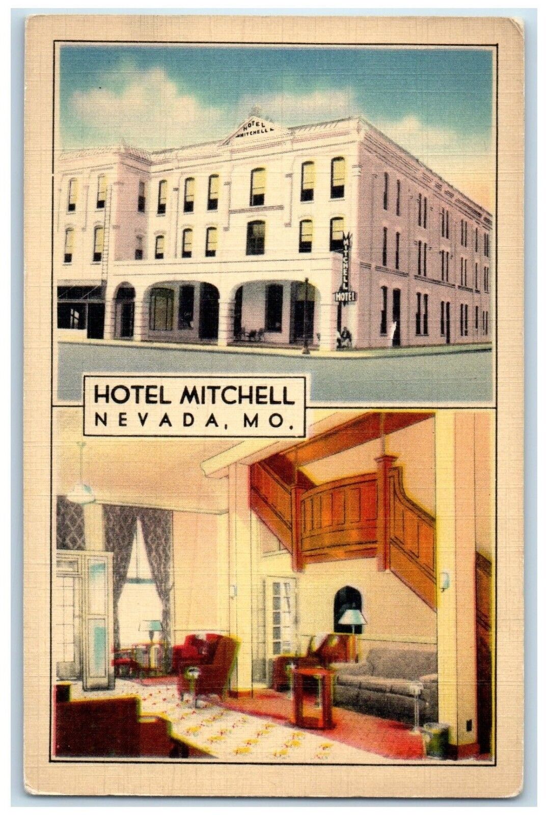 c1940 Hotel Mitchell Exterior Building Lodge Lobby Nevada Missouri MO Postcard