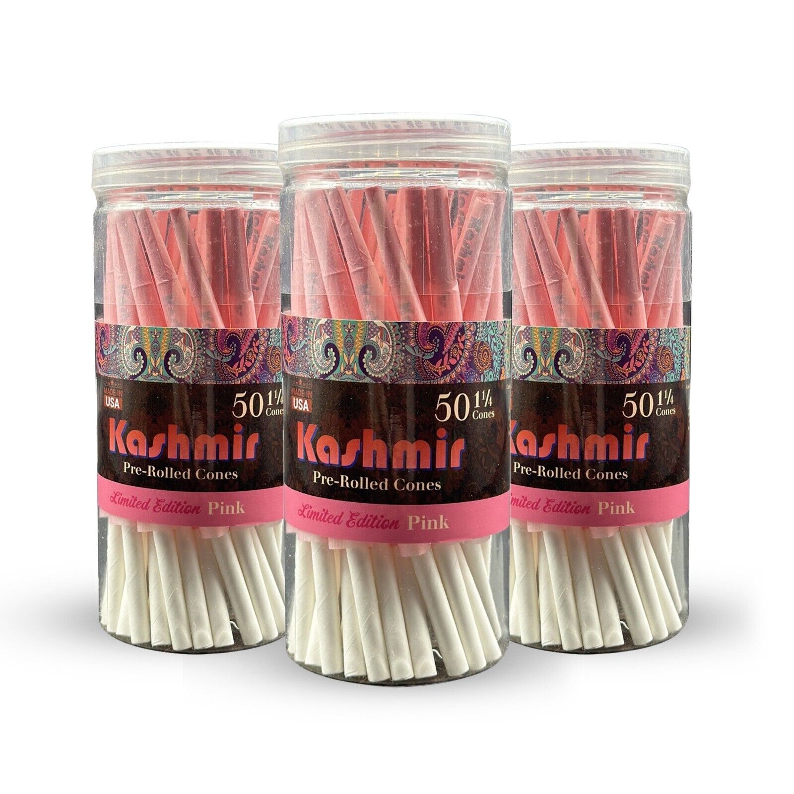 Kashmir Pink Natural Rolling Papers 1 1/4 Pre Rolled Cones 50 Ct in Jar - 3 Jars