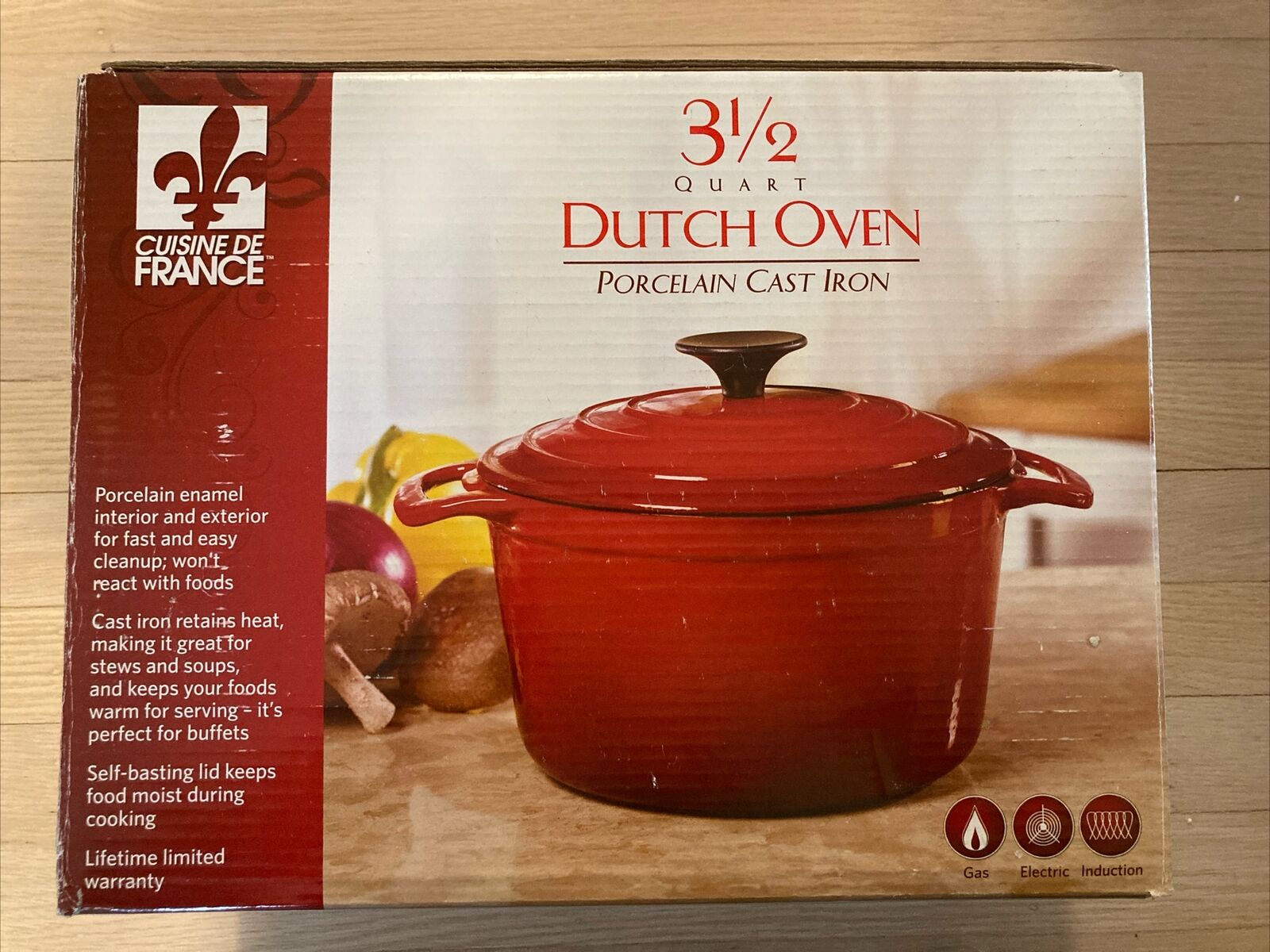 Cuisine de France Red 3 1/2 3.5 Quart Enamel Cast Iron Dutch Oven In Box