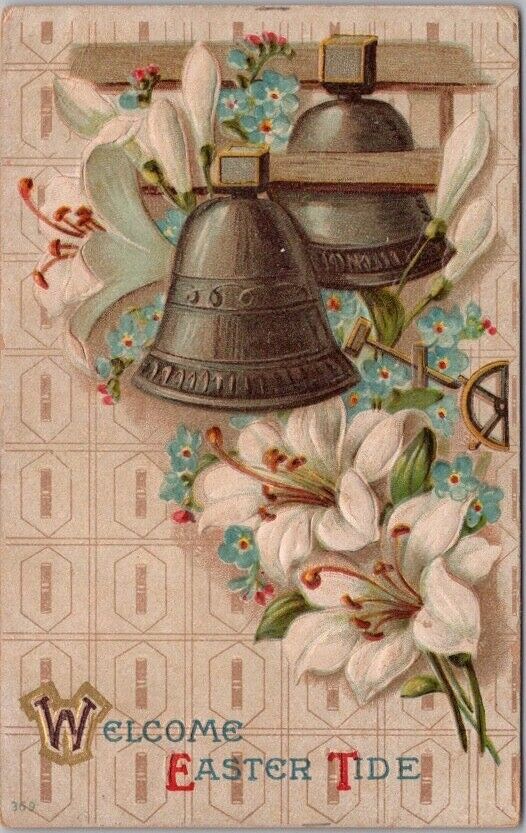 Vintage 1910 EASTER Greetings Postcard Silver Church Bells / White Lily Flowers
