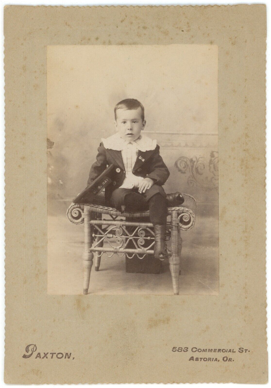 CIRCA 1890\'S Named CABINET CARD Adorable Boy w. US Navy Hat Paxton Astoria, OR