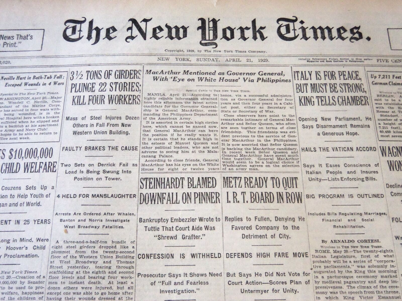 1929 APRIL 21 NEW YORK TIMES - MACARTHUR MENTIONED AS GOVERNOR GENERAL - NT 6641
