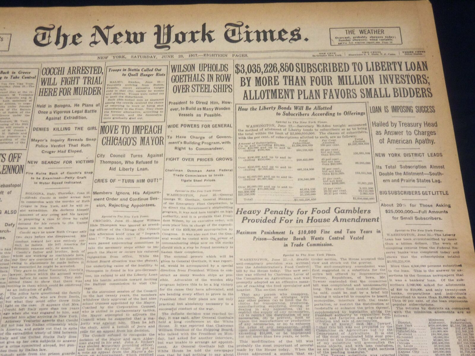 1917 JUNE 23 NEW YORK TIMES NEWSPAPER - MARCONI TELLS NEW WAR HISTORY - NT 7806