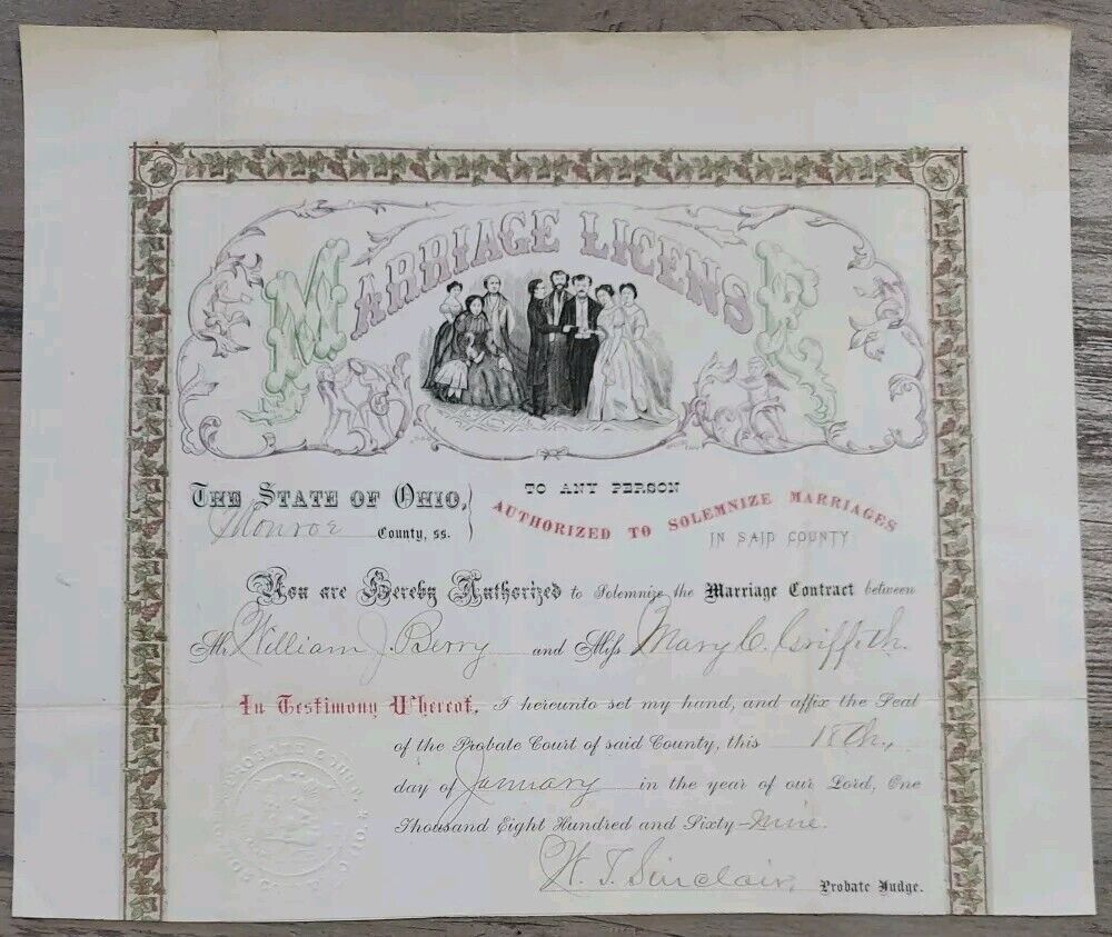 Antique 1869 Monroe County Ohio Marriage License Embossed State Stamp RARE