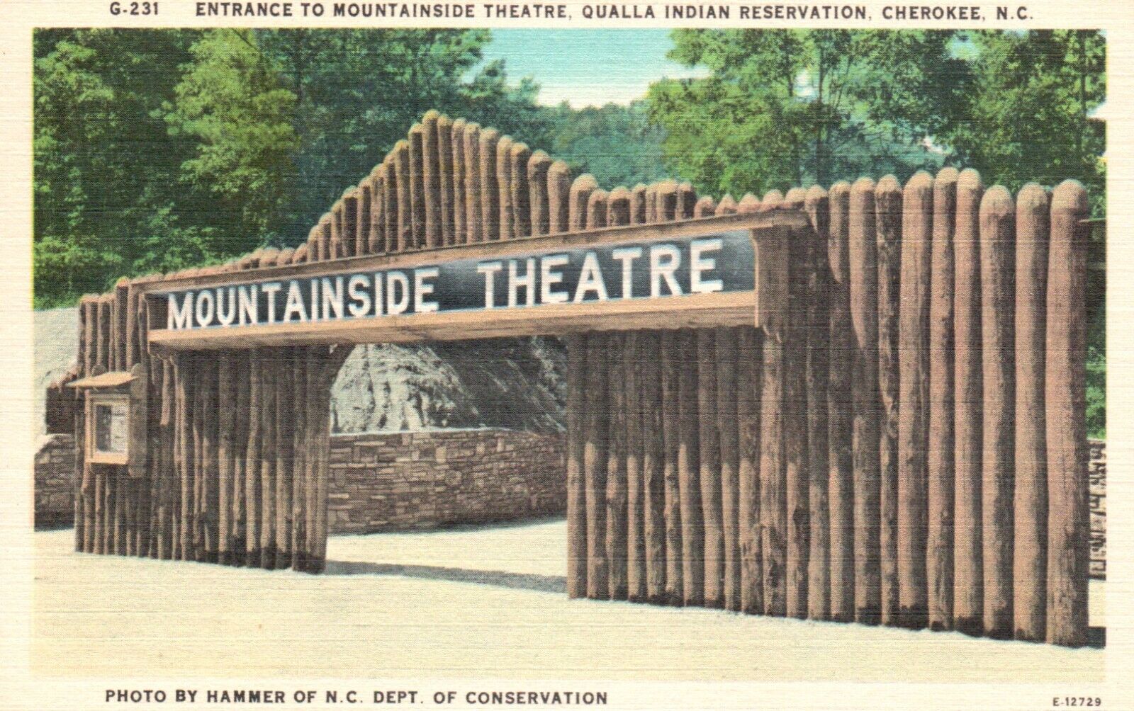 Postcard NC Cherokee Mountainside Theater Entrance Linen Vintage PC K469