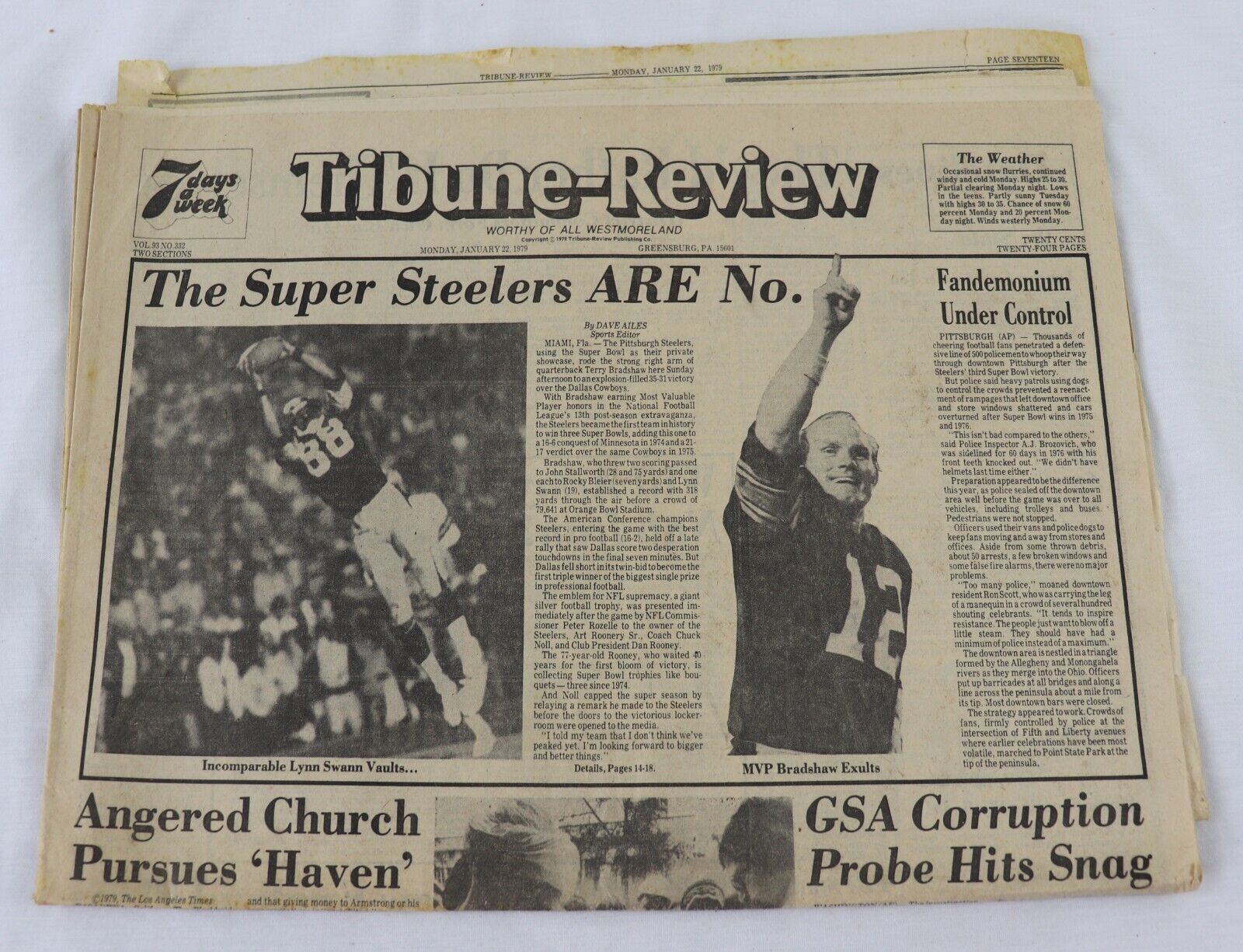 Jan 22 1979 Pittsburgh Tribune Review Newspaper Steelers Super Bowl XIV Bradshaw