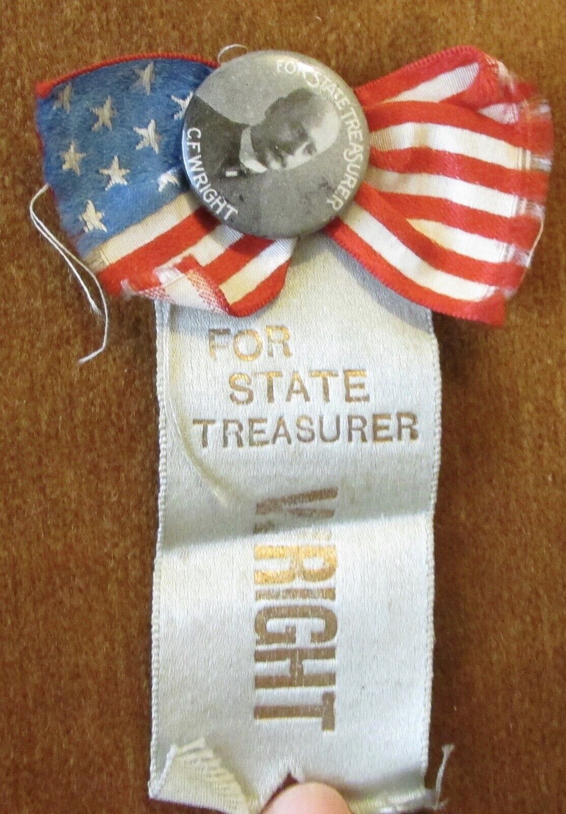 1911-1913 Charles WRight State Treasurer Celluloid PInback BUtton Flag Ribbon 