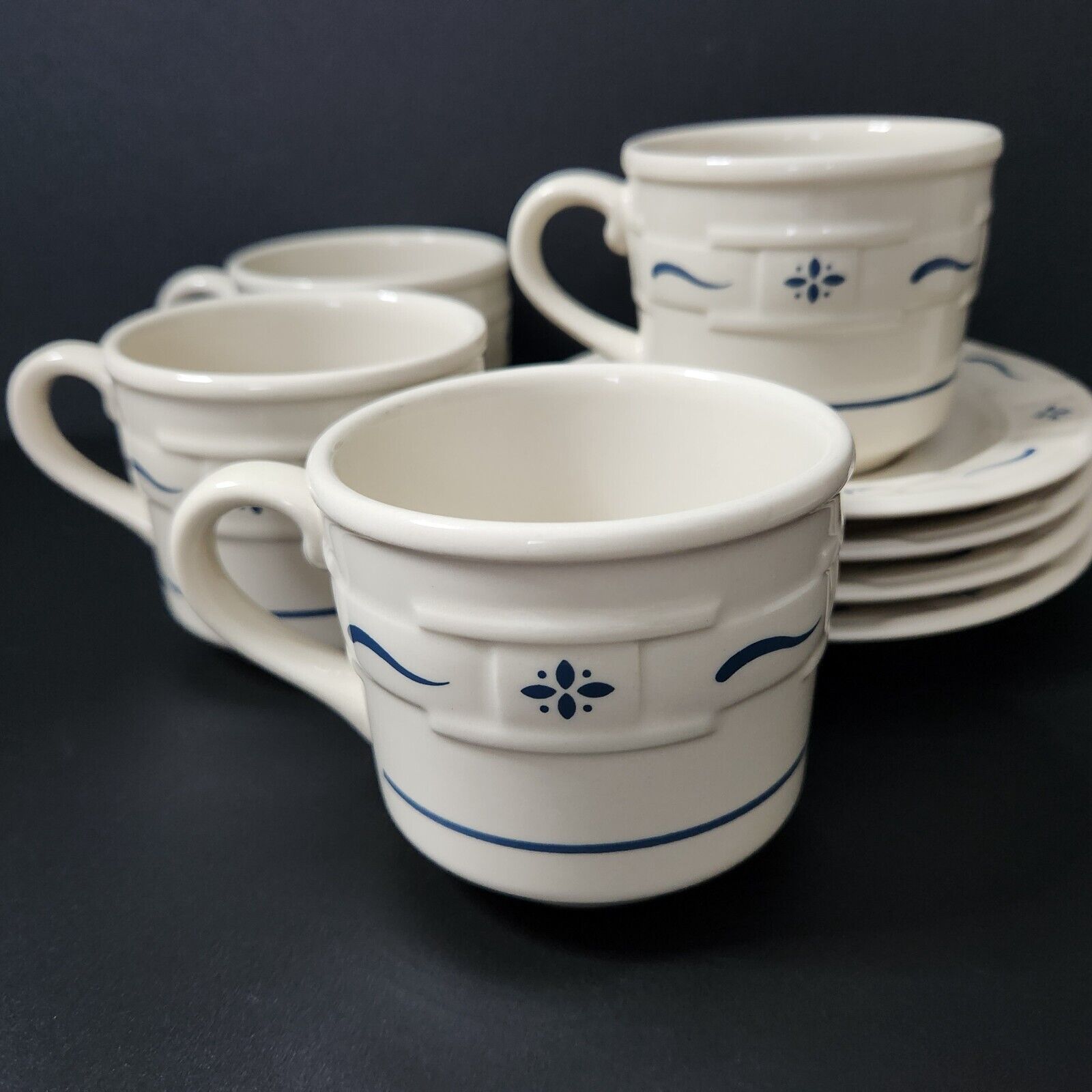Longaberger Pottery Flat Cup and Saucer Woven Traditions Classic Blue 4 Sets USA