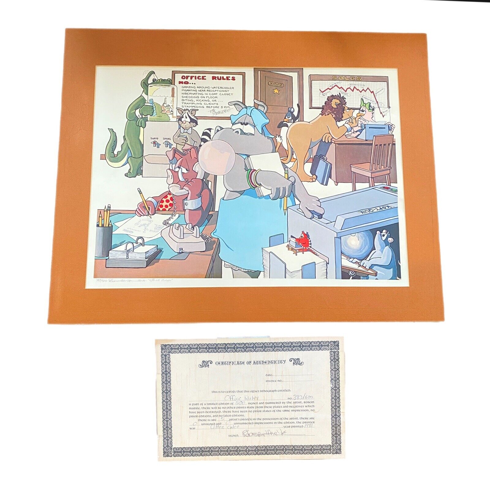Robert Marble 1981 Signed Numbered Lithograph COA Matted OFFICE RULES 383/500