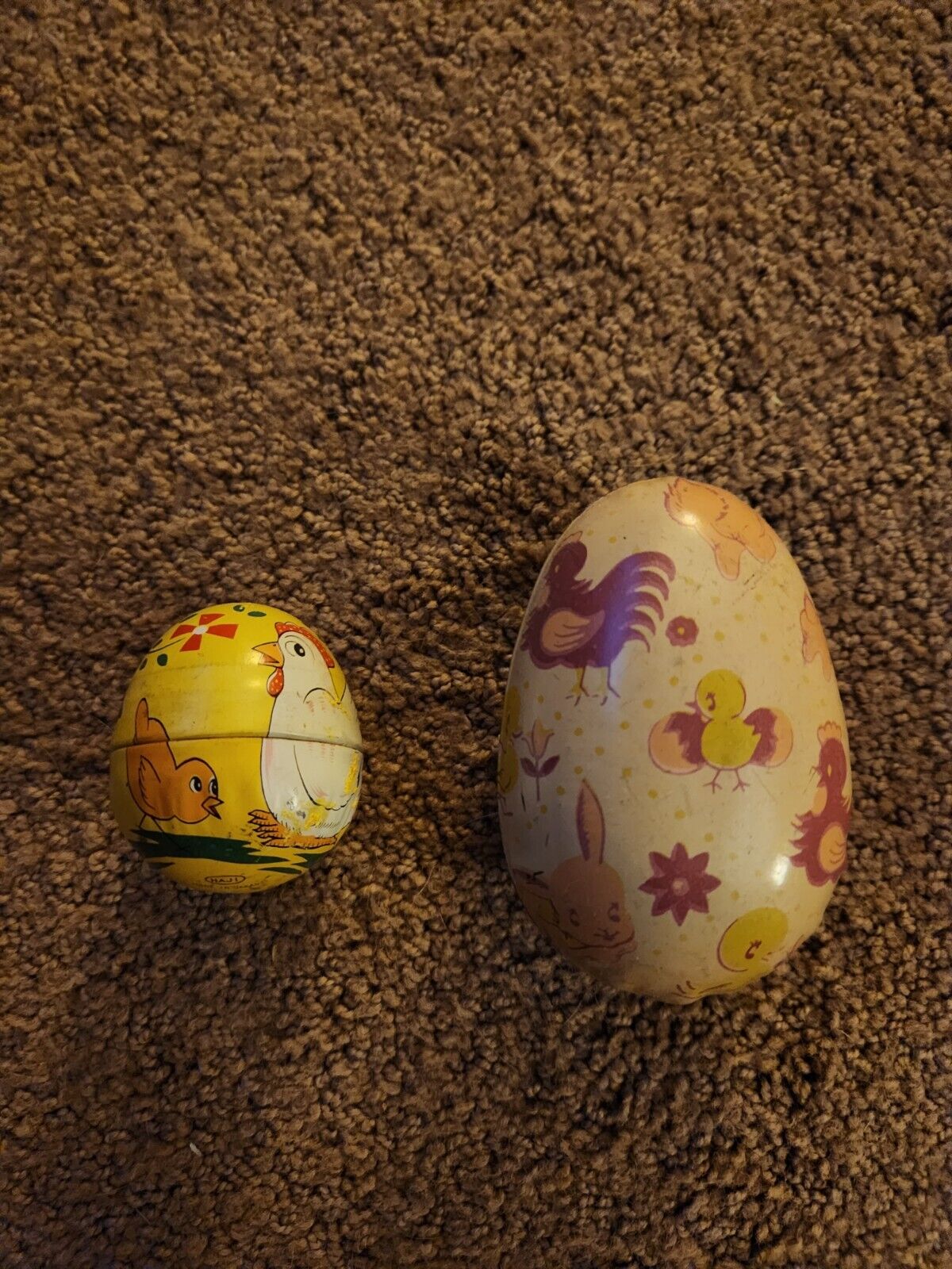 2  Metal Easter Eggs Pastels Duck Chicken Rabbit Vtg Retro