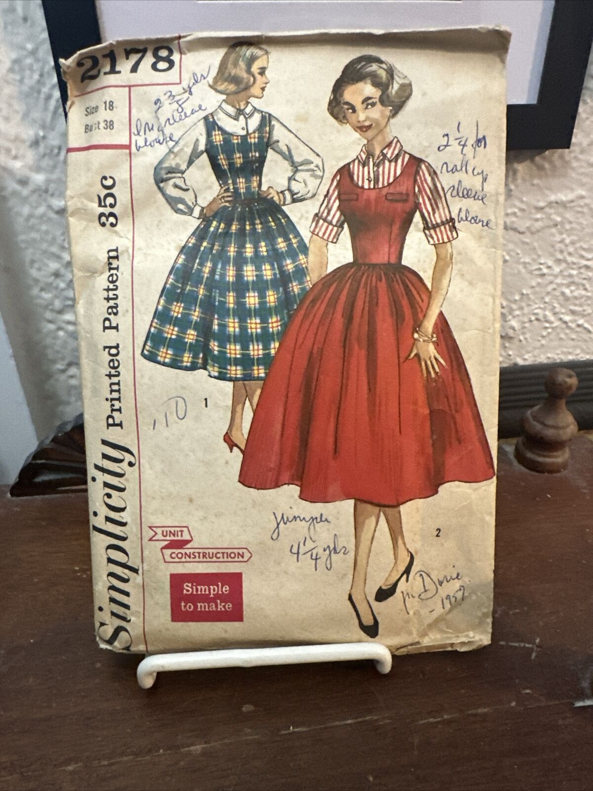Vintage 1940s Simplicity 2178 Misses Full-Skirted Dress Sewing Pattern Sz 18/B38