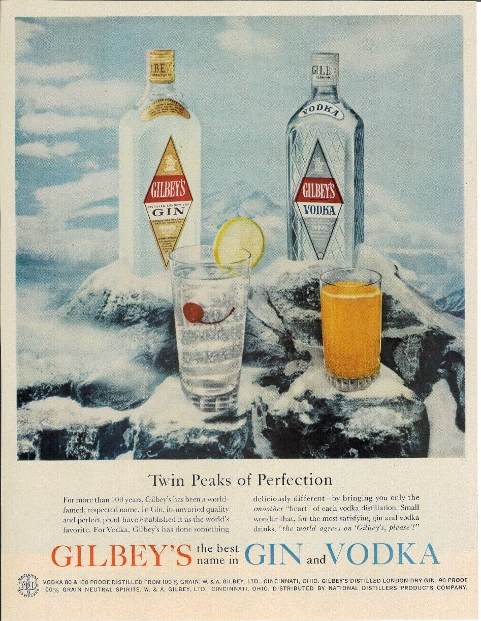 1959 GILBEYS Gin Vodka Distillers Liquor Bottle Cincinnati Vintage Print Ad