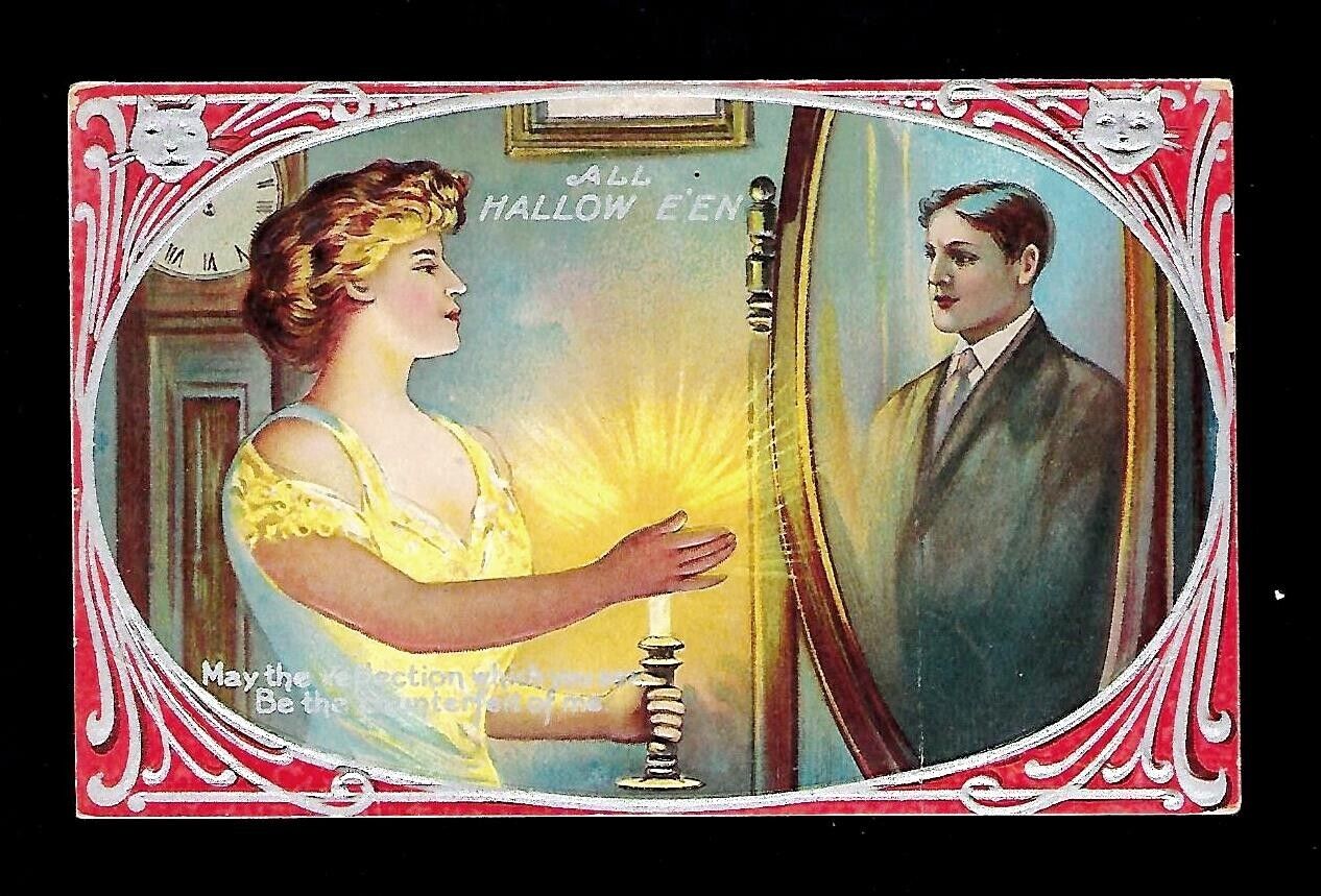 c1910 Halloween Postcard Lady & Reflection of Man in Mirror