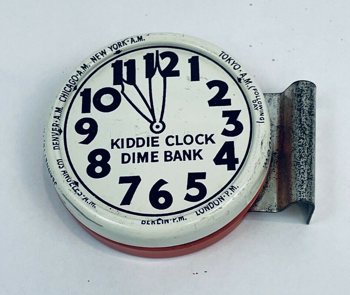 Vintage Candy Container Kiddie Clock Dime Bank Coin Metal Red JC Crosetti 2\