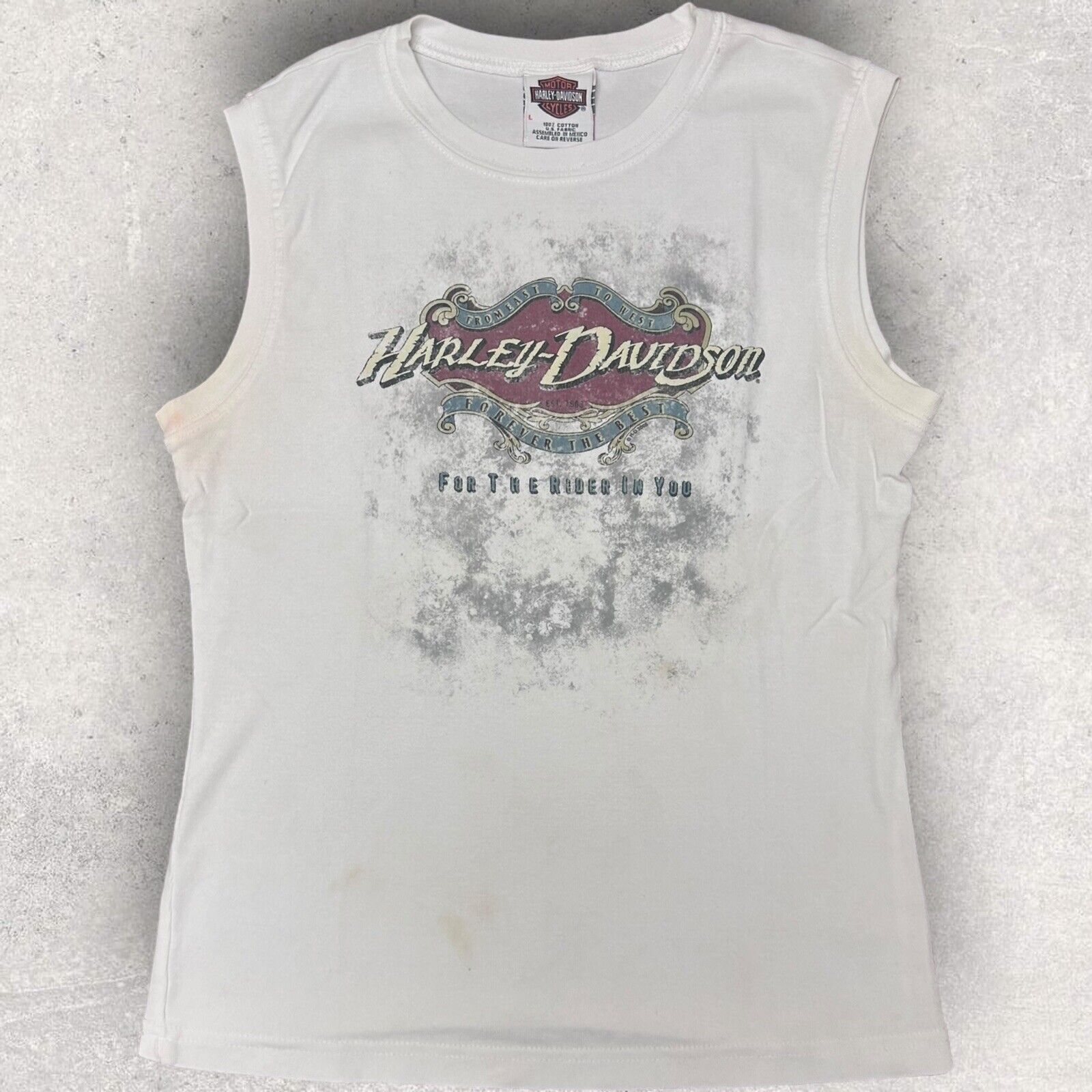 Y2K Harley Davidson white Tank Top women\'s Large Fitted Distressed Stain