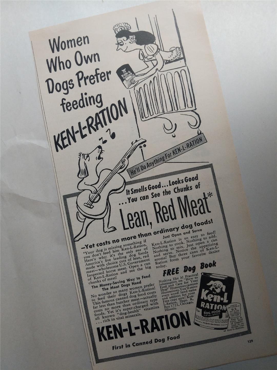 Vintage 1949 KEN-L-RATION CANNED  DOG FOOD B&W Magazine Ad