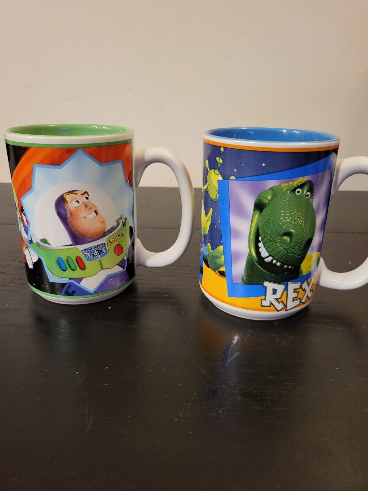 Vintage Toy Story Buzz Lightyear Rex Hamm Alien Disney Store Set of 2 Mugs 