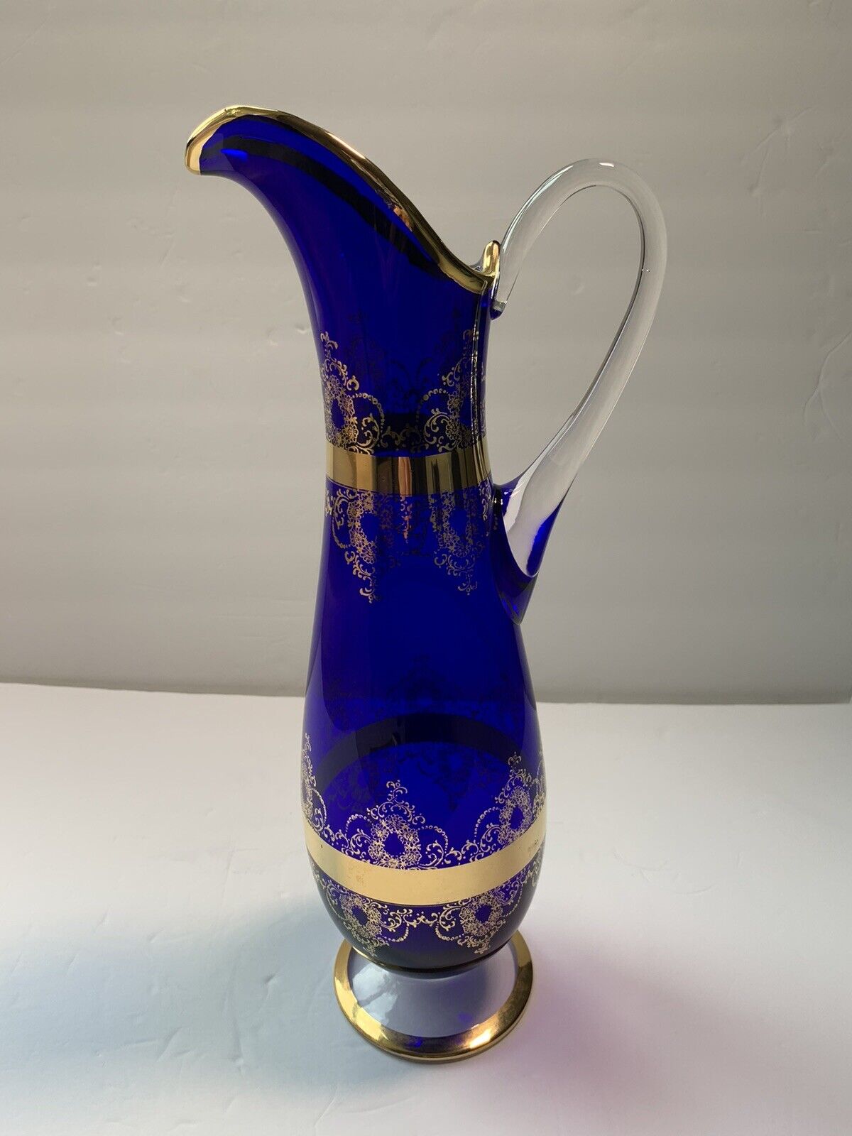 Vintage Murano Cobalt Blue & 24K Gold  Glass Pitcher 15\