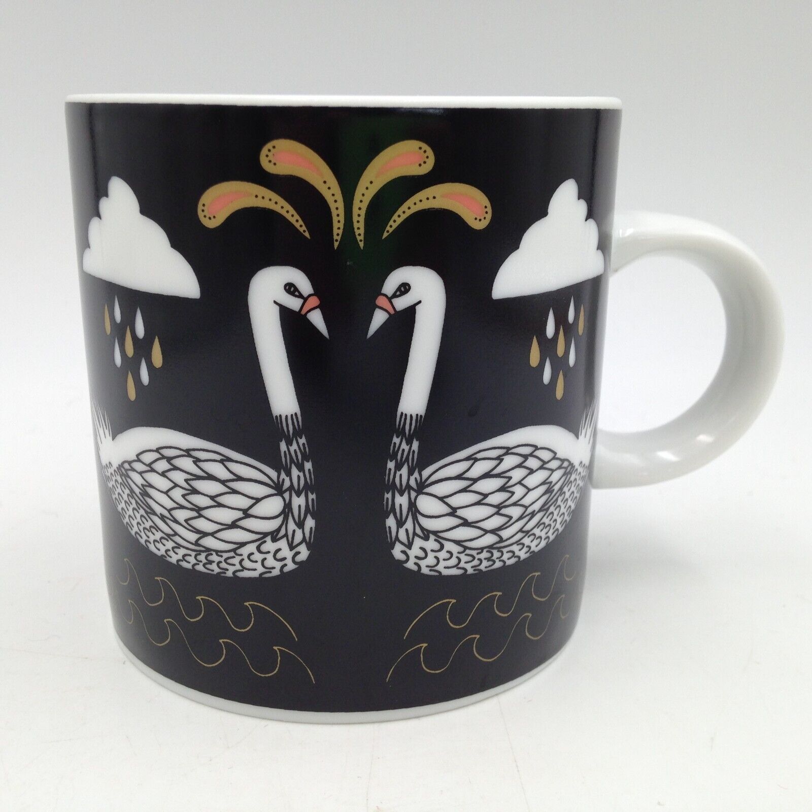 Two Swans Swimming Coffee Mug Black White Gold Ceramic Danica Studio