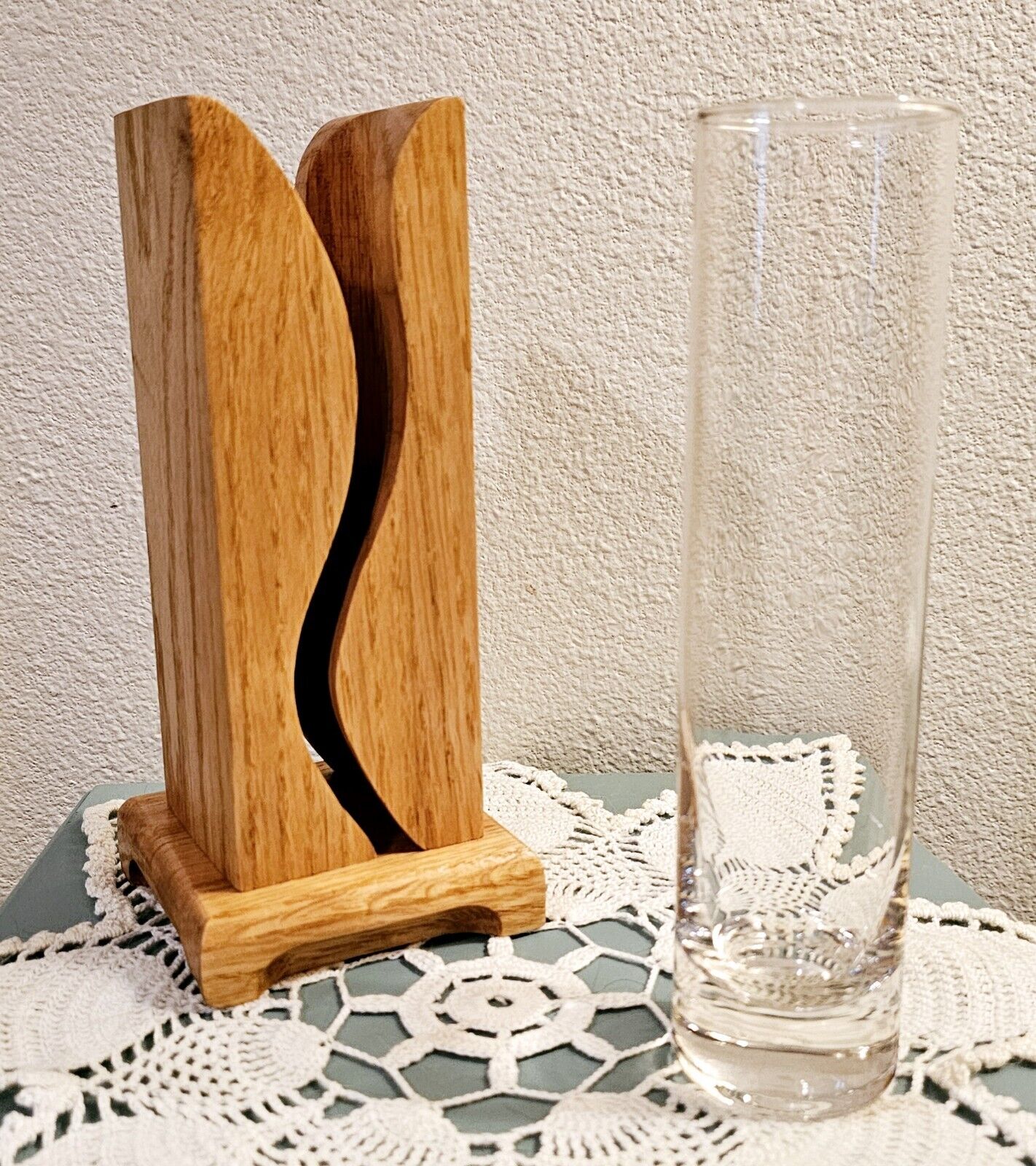 Mid Century Modern Inspired Oak and Glass Flower Vase Swirl Wood Mixed Medium 