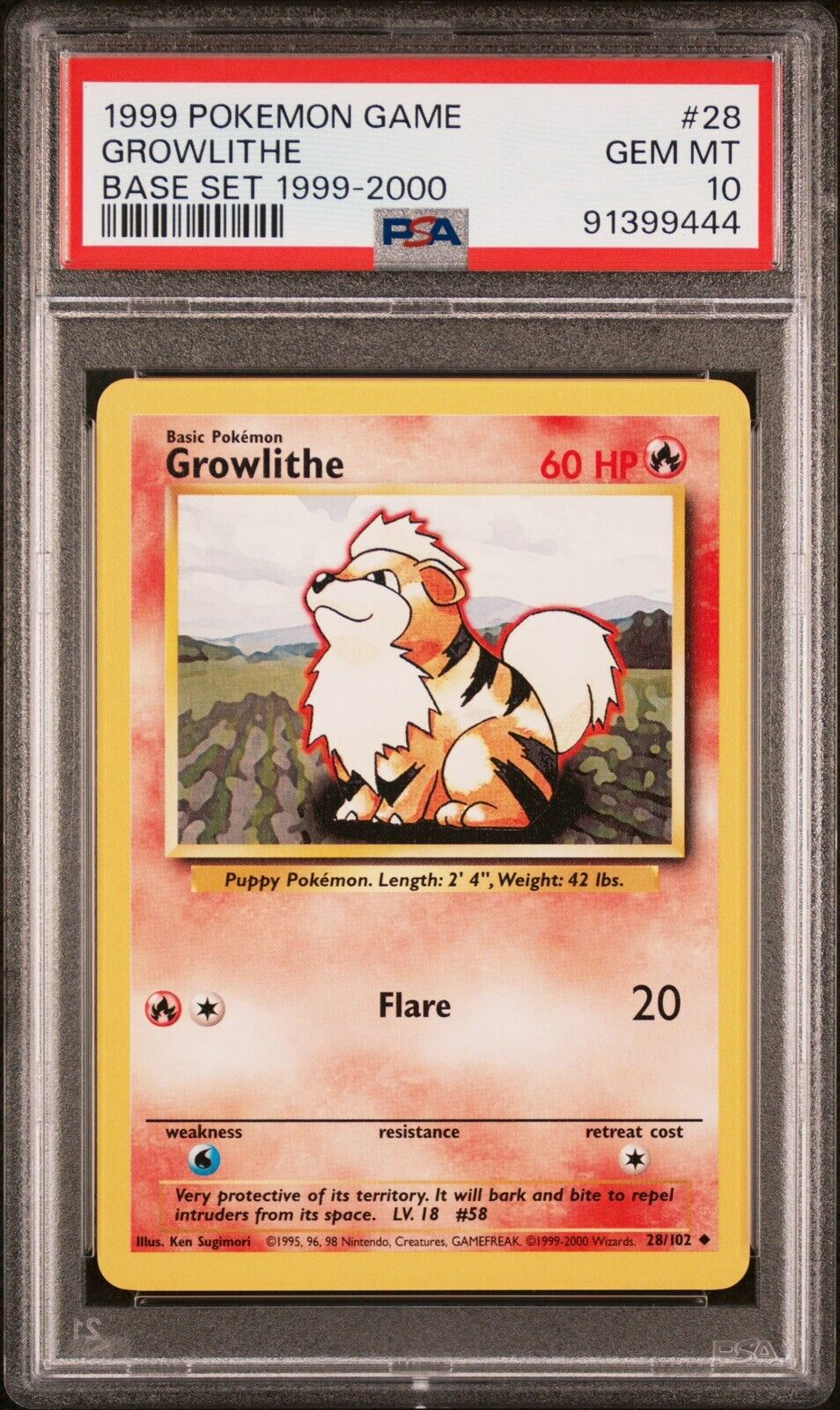 1999-2000 Pokemon Card (UK 4th print) - Growlithe - 28/102 - Base Set - PSA 10