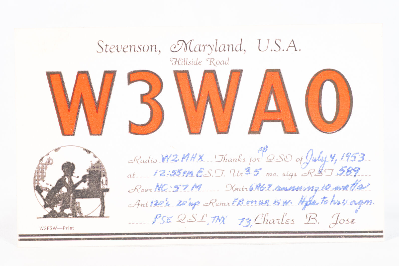 1953 Amateur Ham Radio QSL Card Stevenson Maryland W3WAO Charles Jose