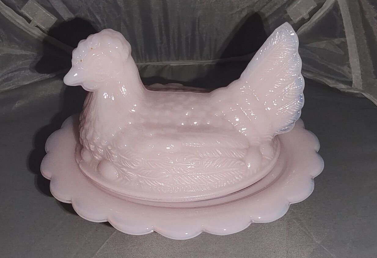 Chicken Hen on Nest Light Pink Glass Mosser Covered Dish