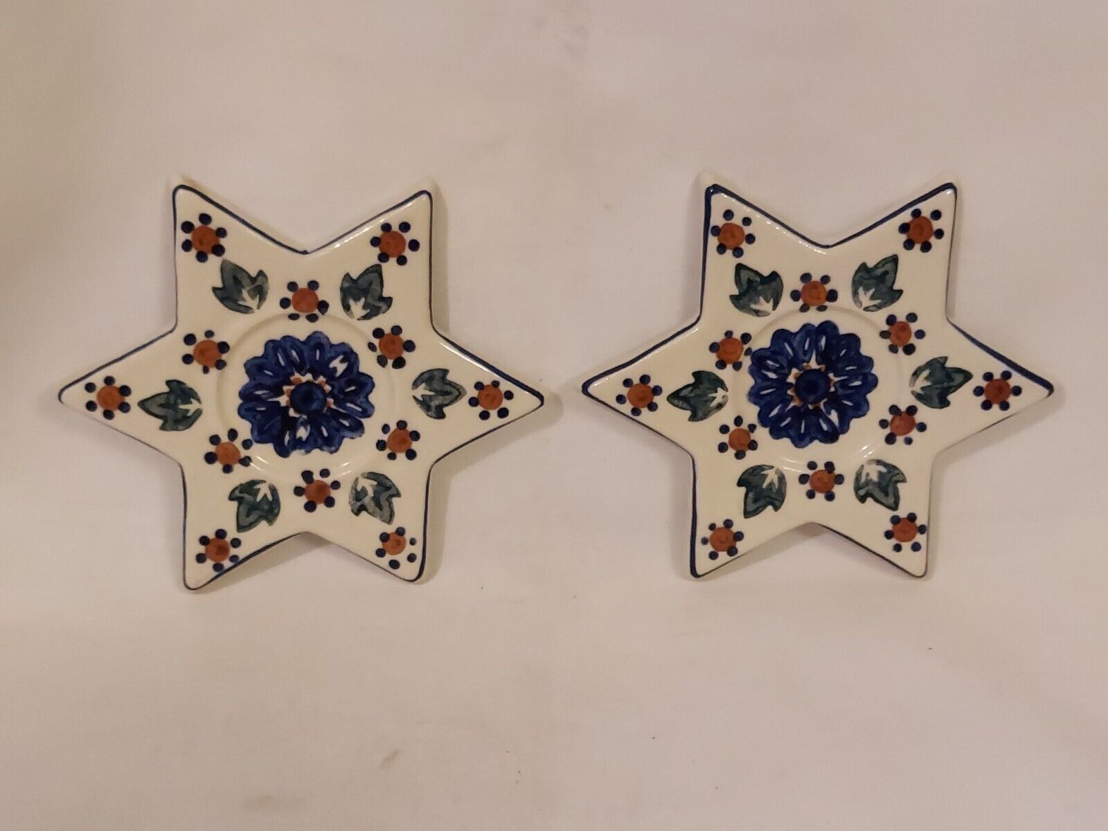Polish Pottery Handmade Ceramic Pair Of Star Candle Holders Wiza Poland